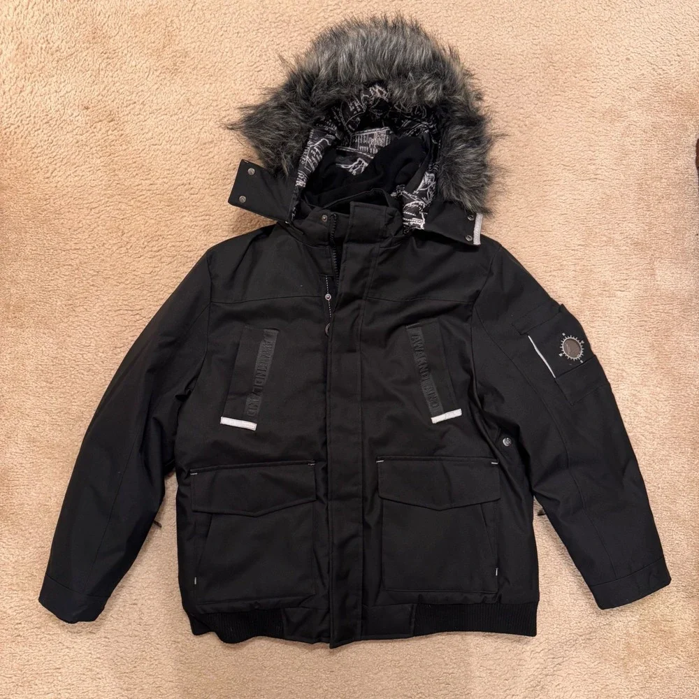 Awaknd Land Mens Heavyweight Parka Black Faux Fur Hood Tech Winter‎ Coat Sz XL